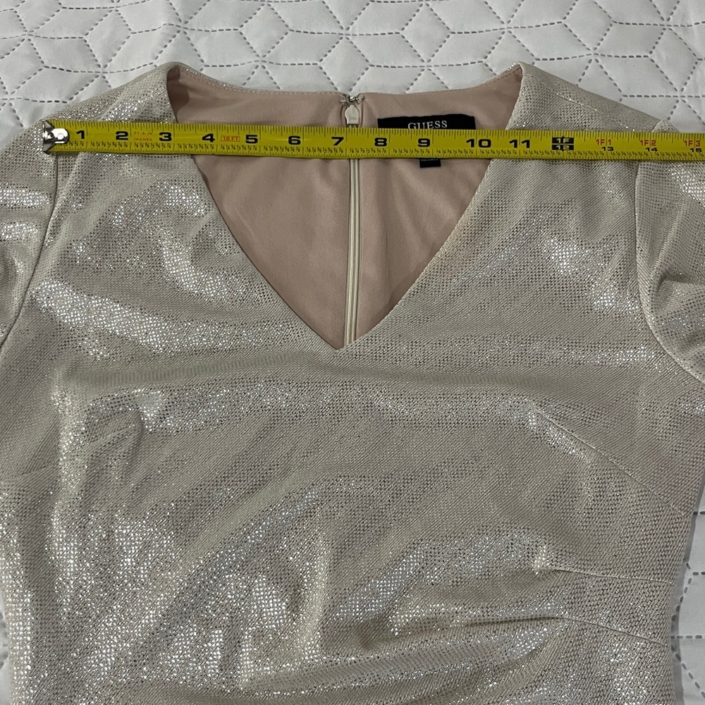 Guess Tan Beige Silver Metallic Shimmer Long Sleeve Side Ruching Party Dress - Picture 10 of 12
